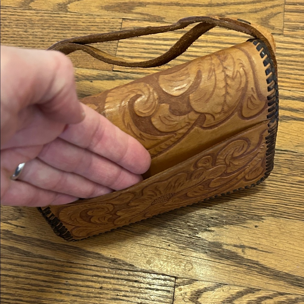 Handcrafted Leather Clutch Small Brown Floral Detail Adjustable Strap - Picture 6 of 9